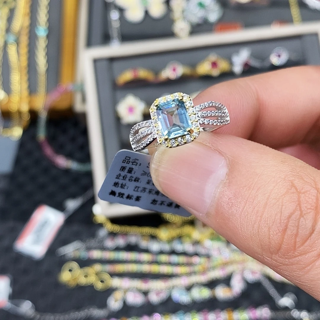 戒圈银S925镶嵌海蓝宝石