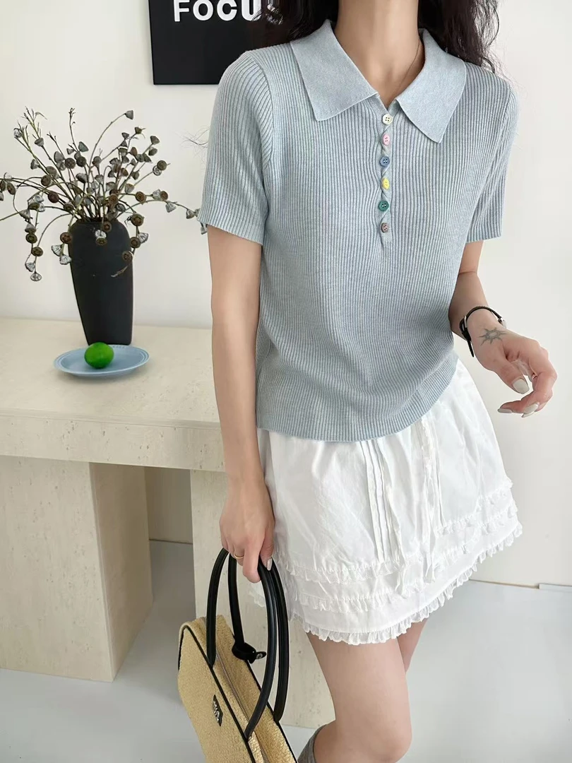 erchun/尔纯031夏季桑蚕丝通风透气冰凉超薄polo彩虹扣子针织短袖