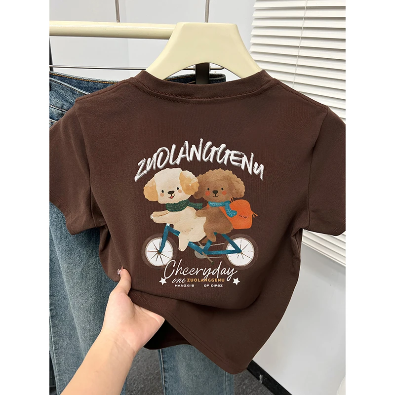 正肩短袖T恤女春夏季2025新款复古洋气小狗印花百搭圆领显瘦上衣