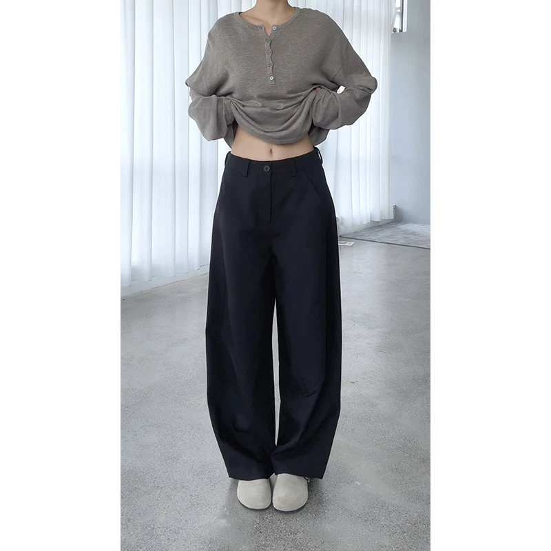 高克重高级感黑色阔腿西裤秋季百搭中腰显瘦休闲弯刀休闲裤