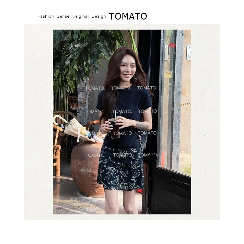 【TomaTo】夏季双皱面料轻盈透气细腻亲肤直筒印花半身裙C25Q06251