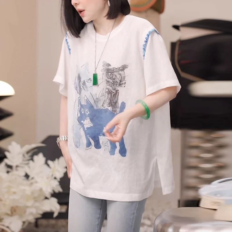 设计感印花白色短袖t恤女2025夏季新款时尚减龄宽松大码显瘦上衣