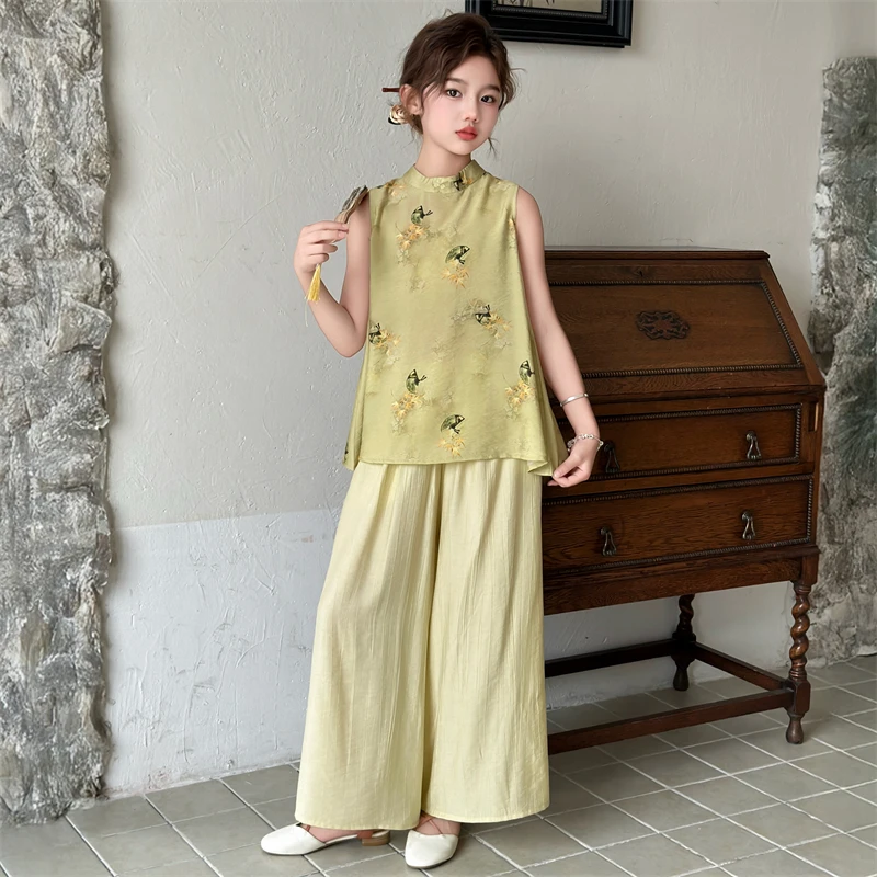 女童夏装新中式套装2025新款洋气薄款复古风女孩无袖阔腿裤两件套