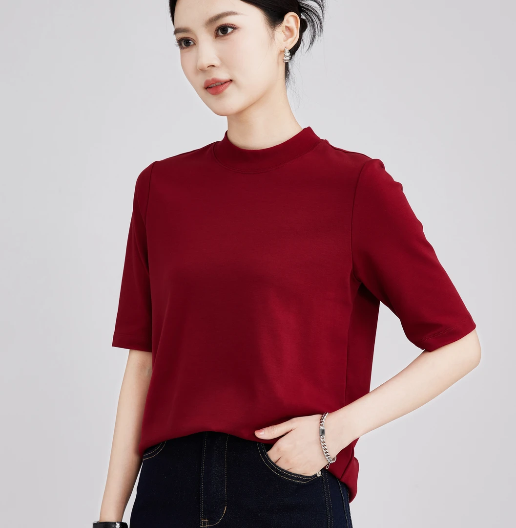 新品女士小半高领80支棉微宽松中袖打底衫