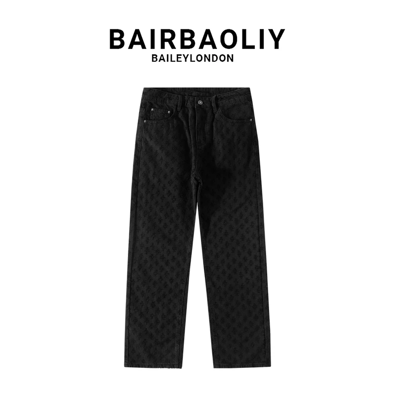 BAIRBAOLIY美式潮牌高端提花牛仔裤男款春夏新款休闲时尚直筒长裤