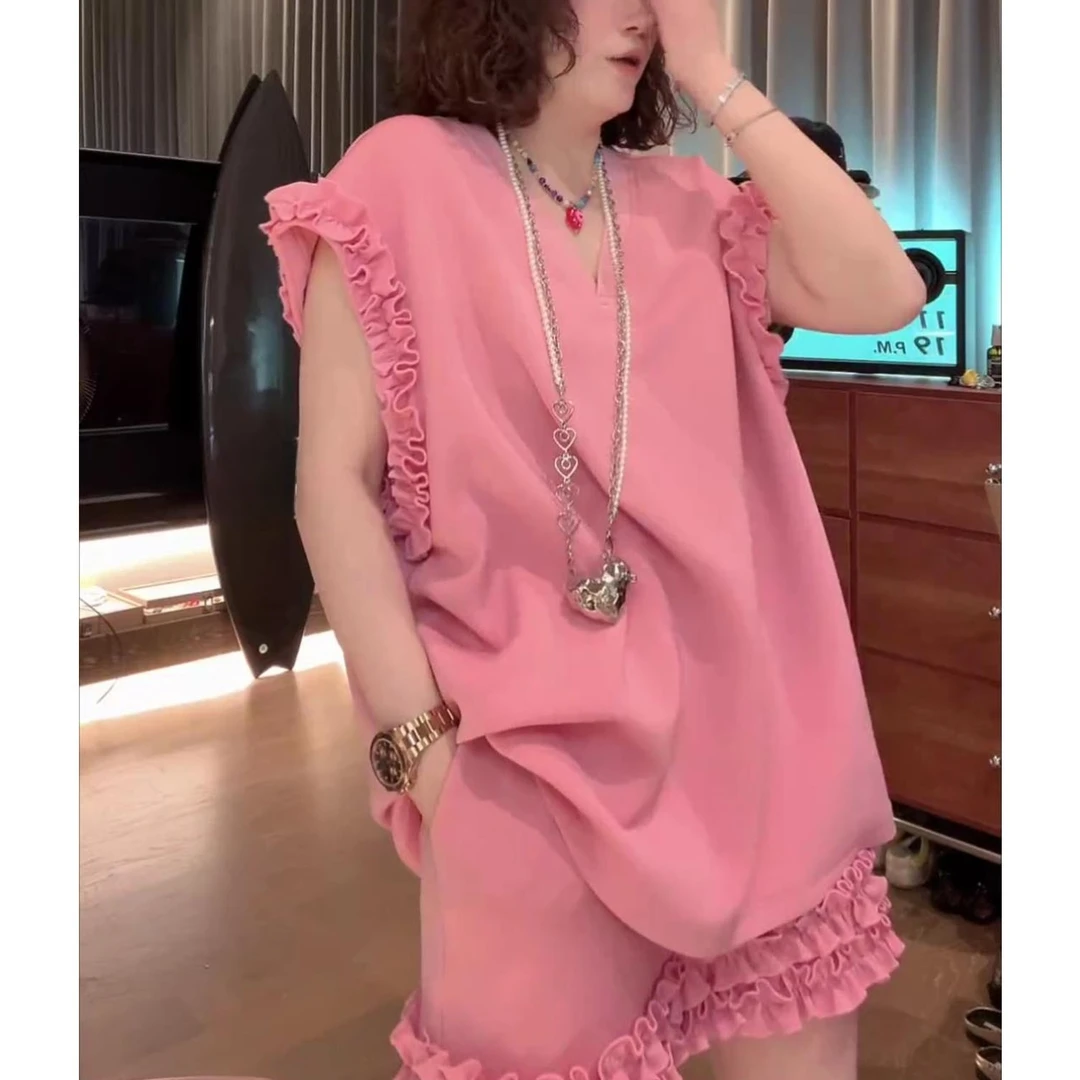 夏季新款时尚休闲套装裙女气质显瘦木耳边飞飞袖上衣半身裙两件套