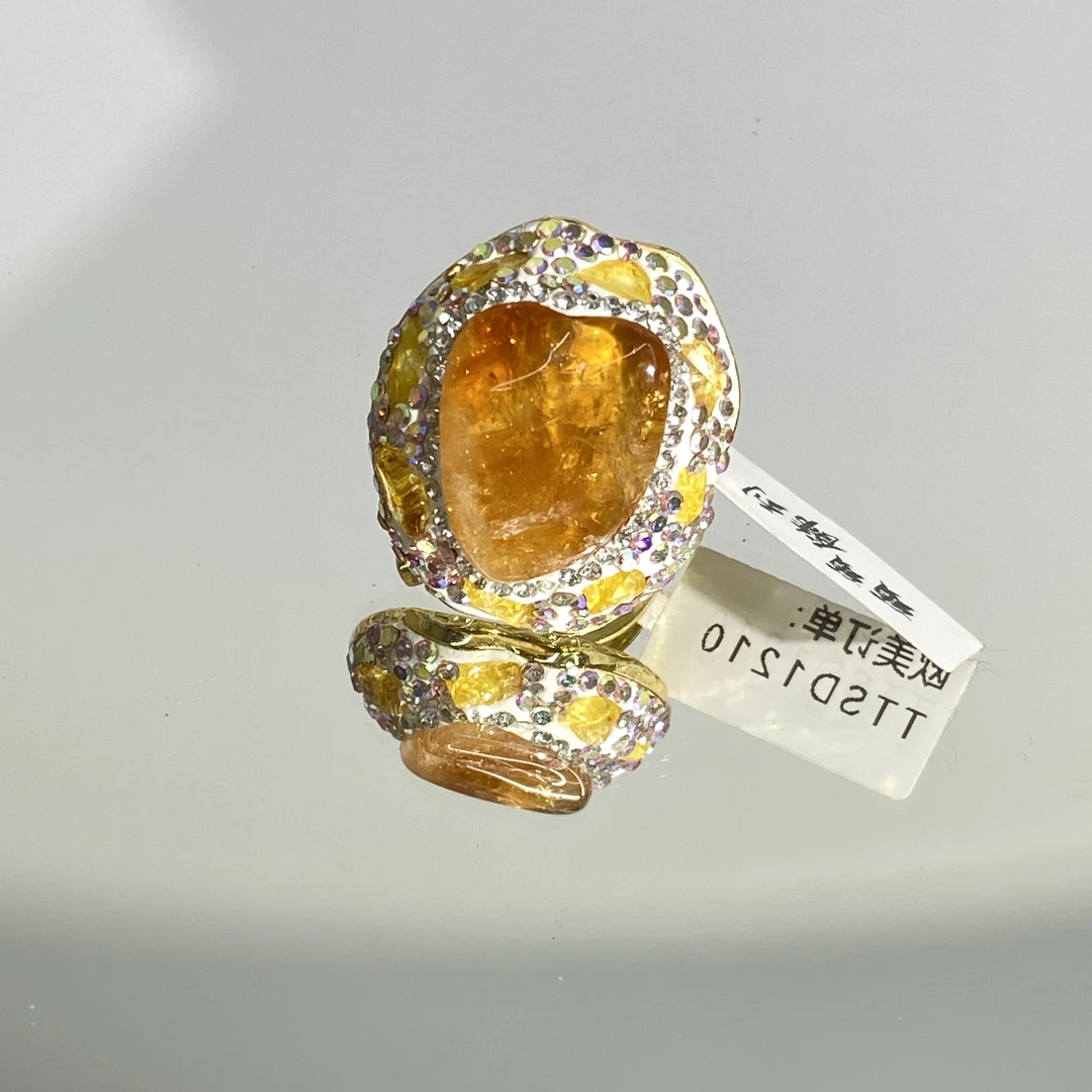 铜合金合成锆石戒指 黄色个性不规则裸面百搭戒指 1210