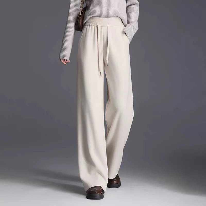 Z绵羊毛针织阔腿裤女2024秋冬新款裤子女高腰垂感直筒休闲拖地裤