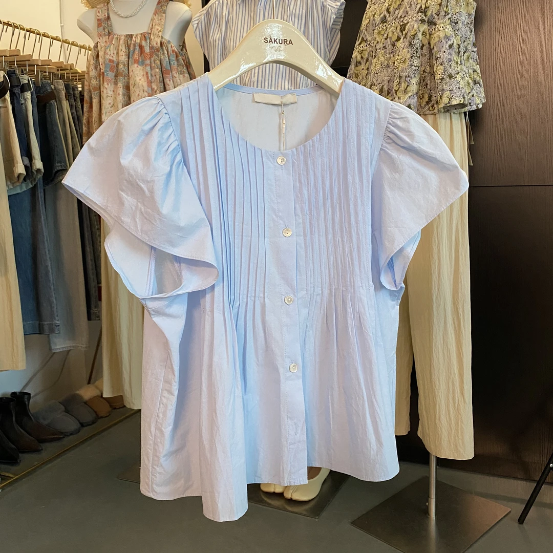 璎婲sᴀᴋᴜʀᴀ【天空之城】图文艺温柔风甜美气质压褶设计排扣百搭小衫