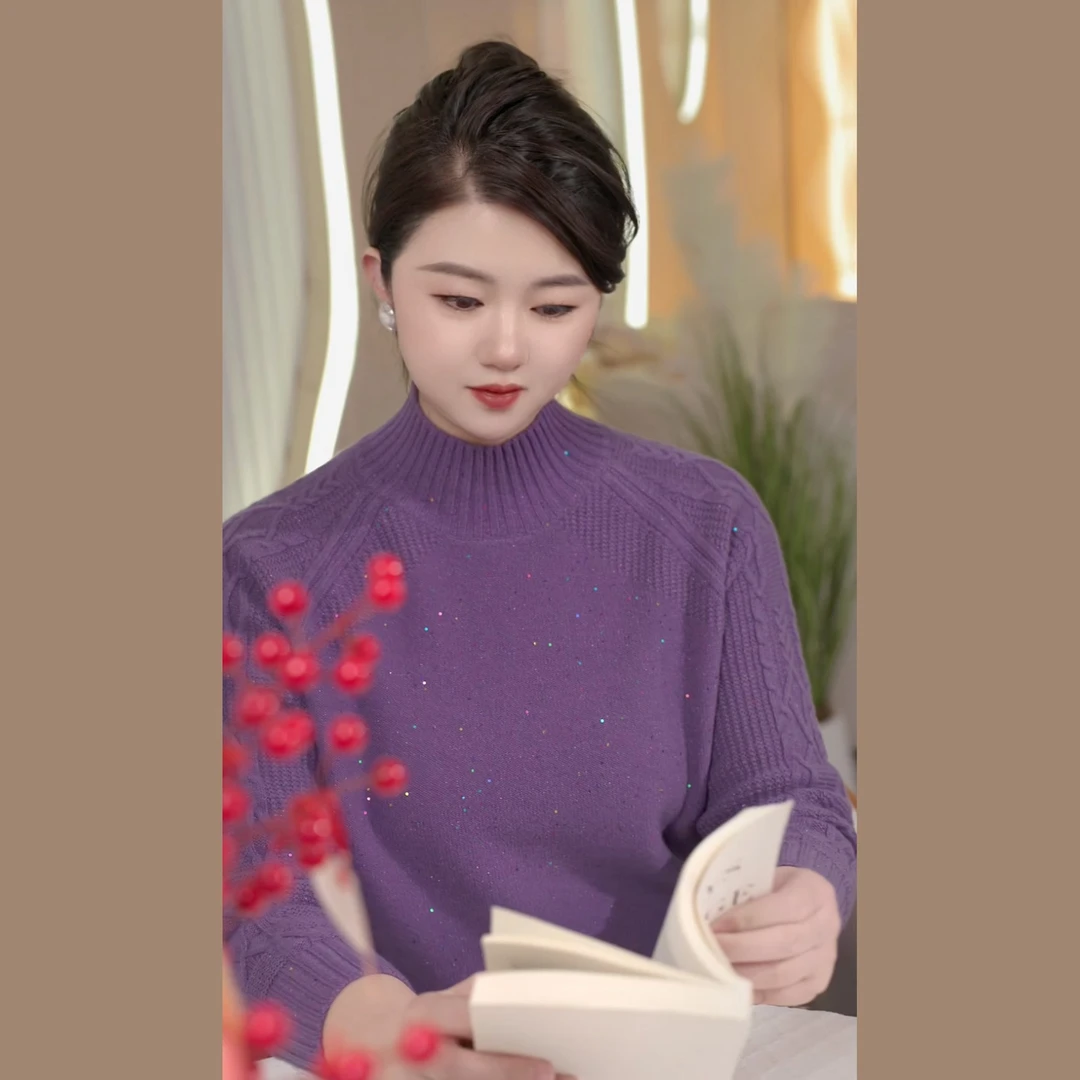 87265#高级洋气氛围感璀璨星空半高领女士羊毛衫