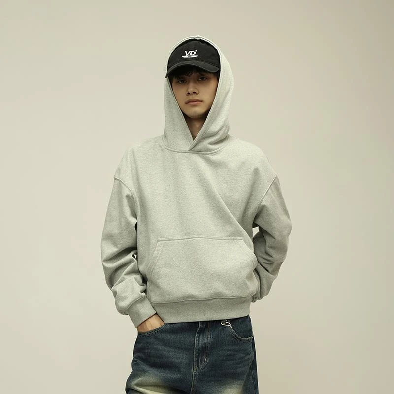 冬季新品灰色cleanfit卫衣美式 连帽罗素抓绒基础纯色短款男女