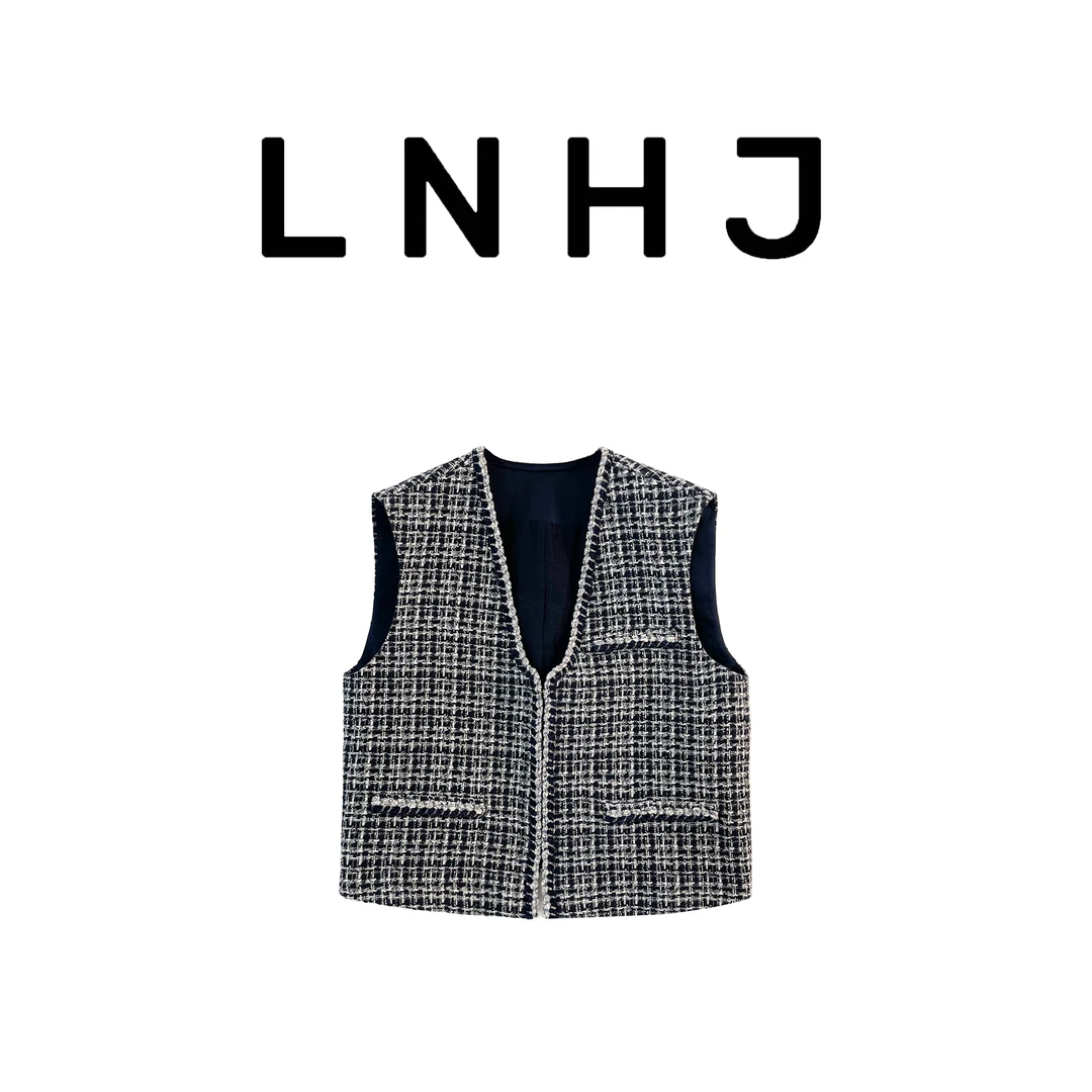 LNHJ【颂声】小香风精致洋气v领编织格纹单排扣无袖马甲