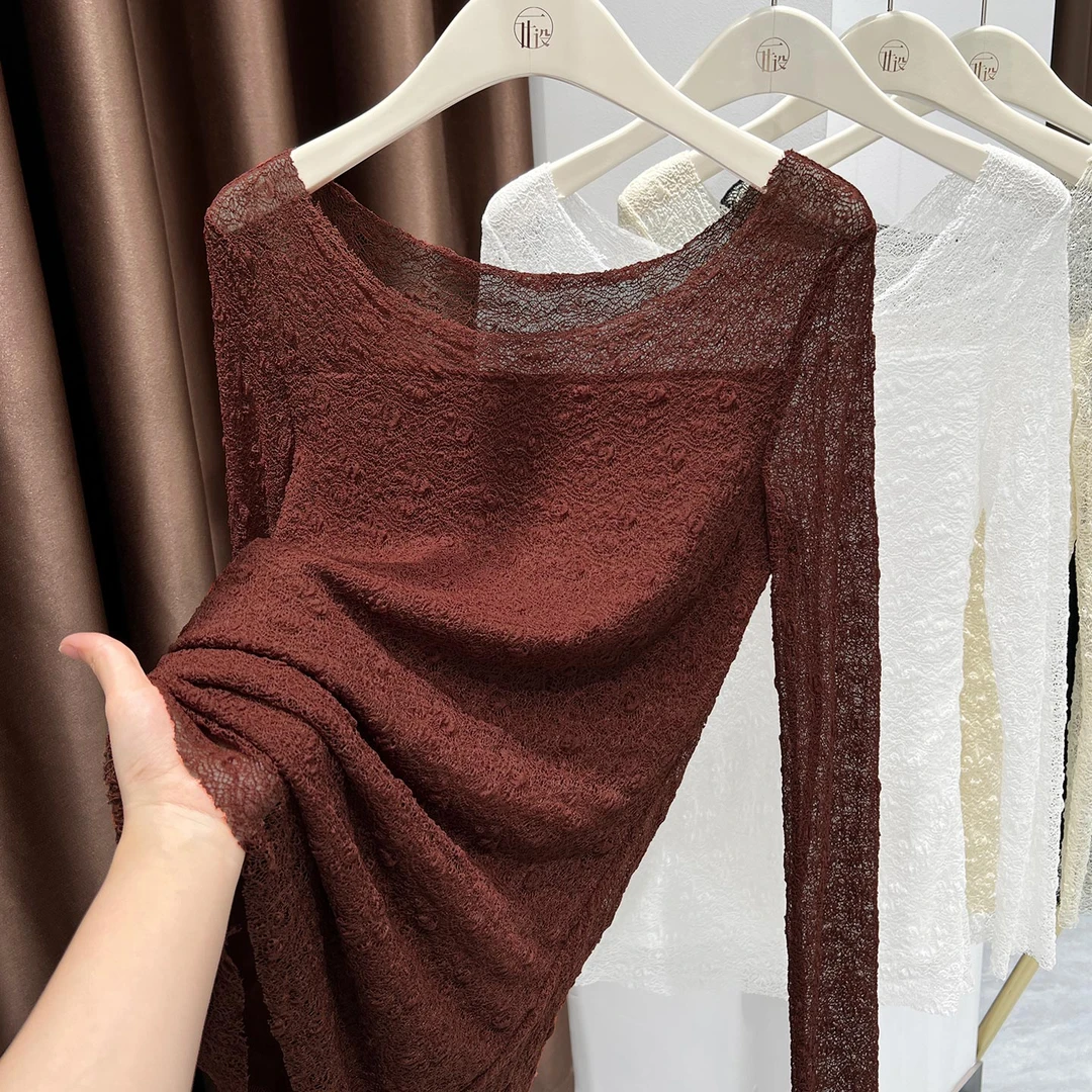 安可拉红圆领套头长袖上衣女秋冬款内搭加绒保暖打底衫洋气蕾丝衫