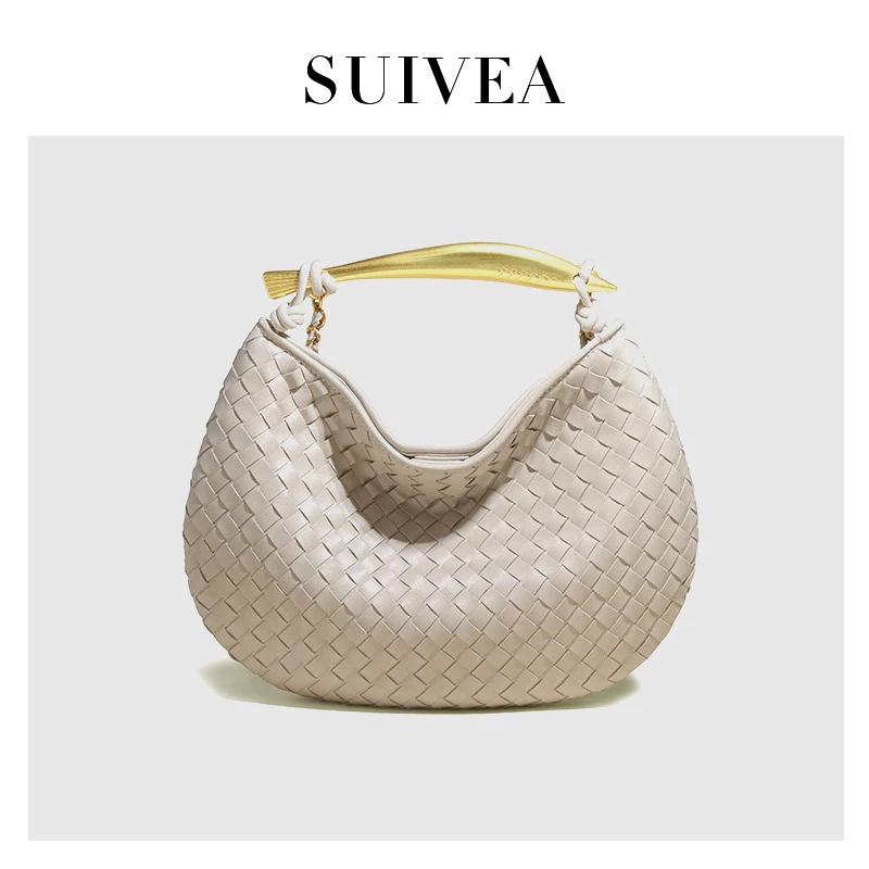 沙色B-1957沙女丁鱼手工编织包复古时尚质感单肩斜挎月牙饺子包