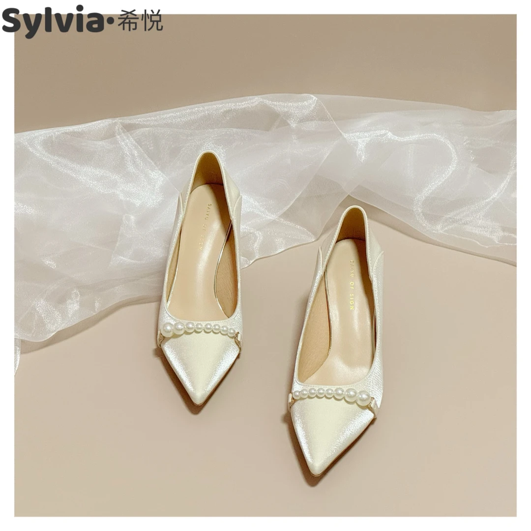 法式珍珠尖头订婚鞋细跟粗跟单鞋玛丽珍白色旗袍礼服新娘伴娘女鞋
