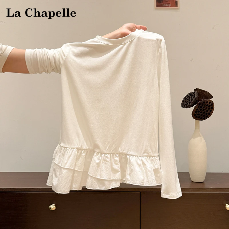 拉夏贝尔软糯白色下摆荷叶边上衣女秋冬不规则宽松显瘦内搭打底衫