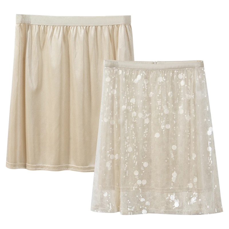 CHERI.Z亮片纱裙直筒短裙女新款秋米白色低腰修身百搭半身裙