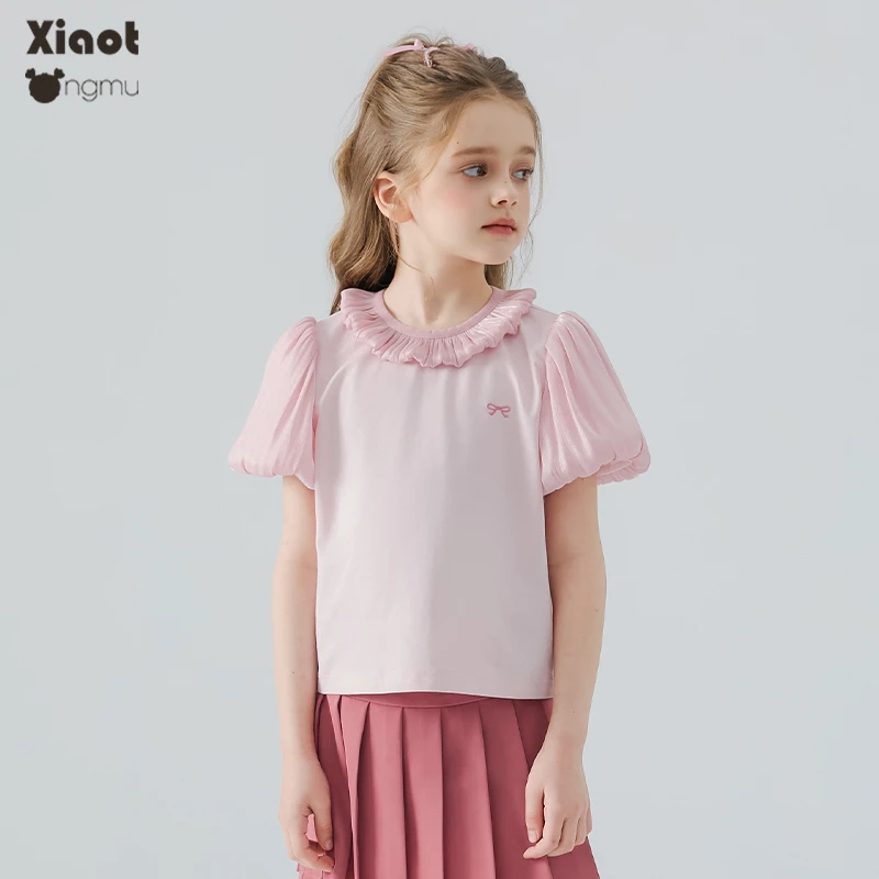 小童木 清新甜美女童短袖T恤夏季2025新款女大童小衫花朵领上衣