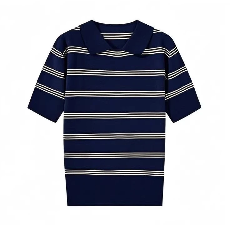 miu系撞色条纹polo领针织衫女夏季新款轻薄透气减龄短袖T恤