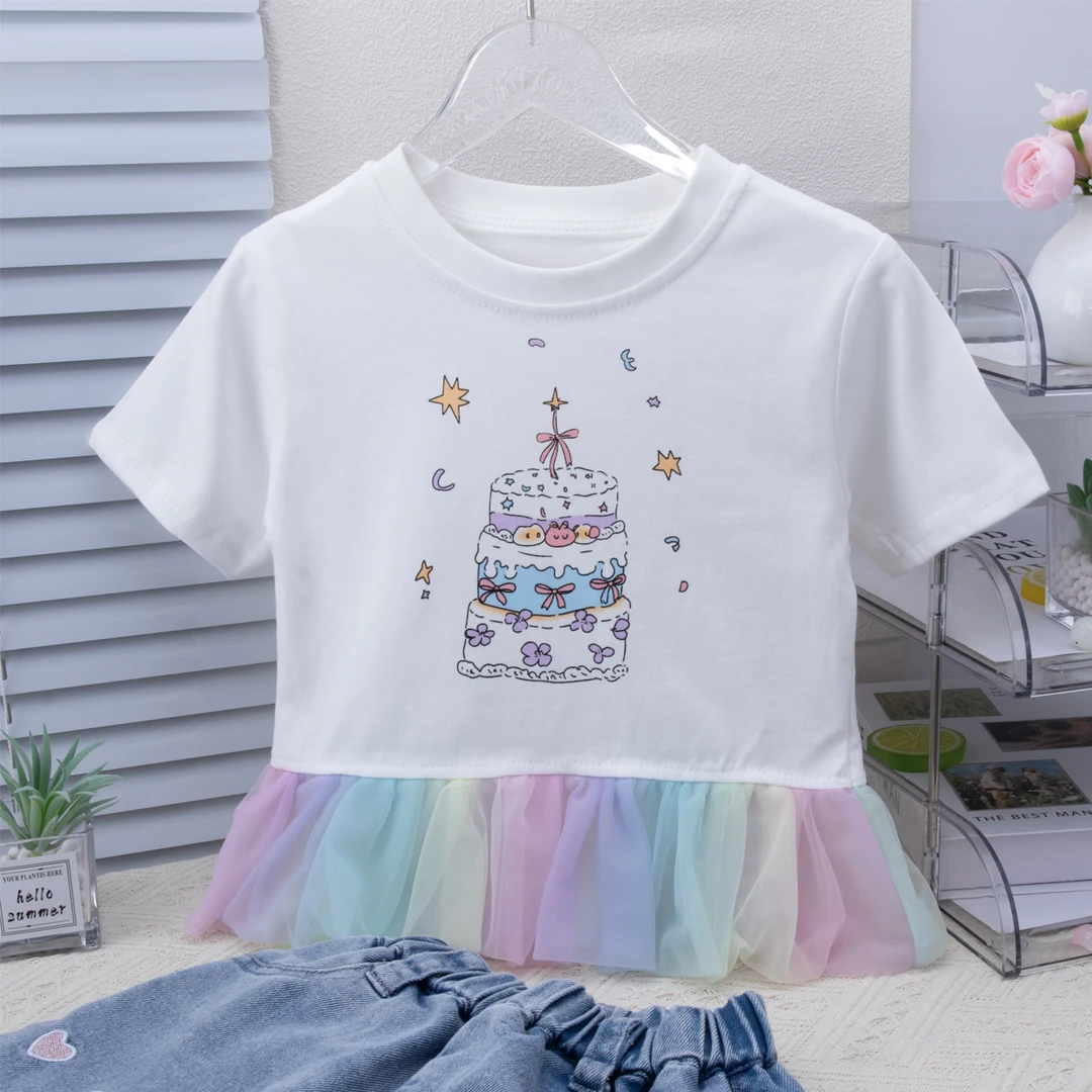 女宝宝彩虹网纱拼接上衣女童夏季新款洋气印花短袖卡通T恤潮