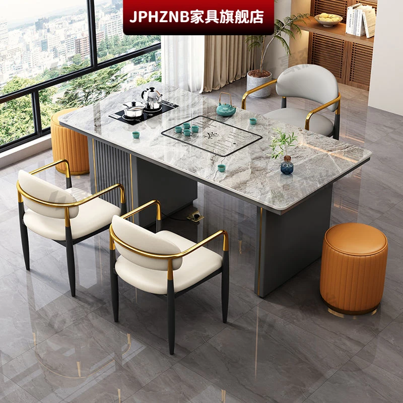 轻奢岩板茶桌椅组合办公室简约现代茶桌茶盘一体客厅功夫泡茶台