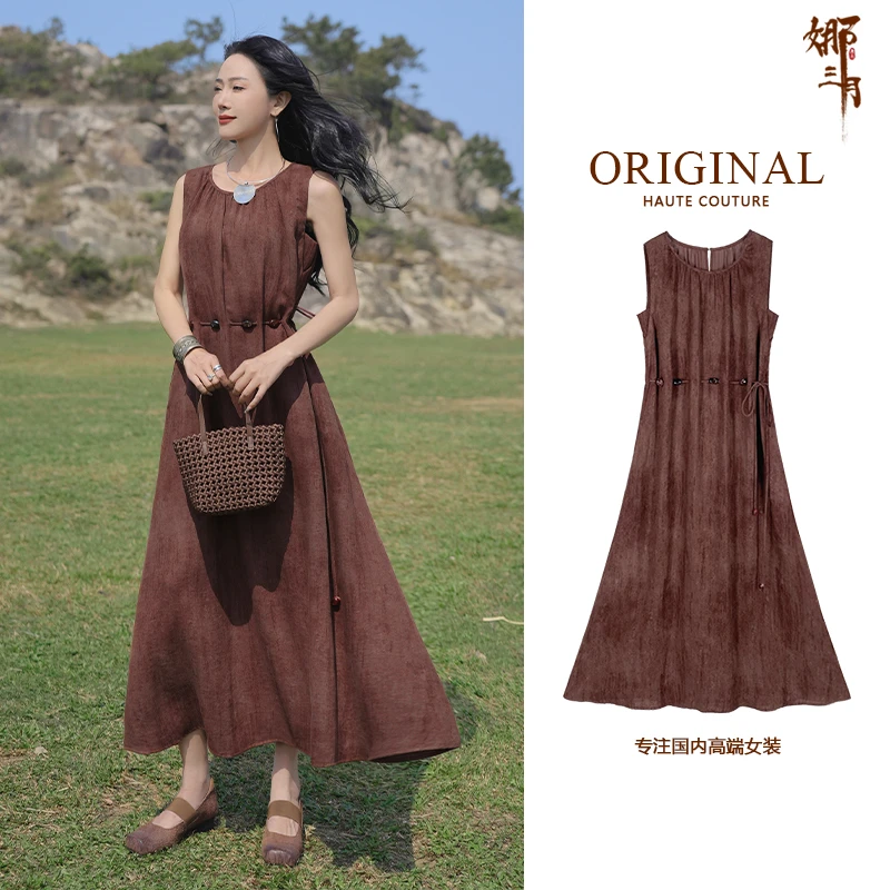 娜三月【高端线】时尚优雅设计感腰间抽绳显瘦亚麻连衣裙69130新
