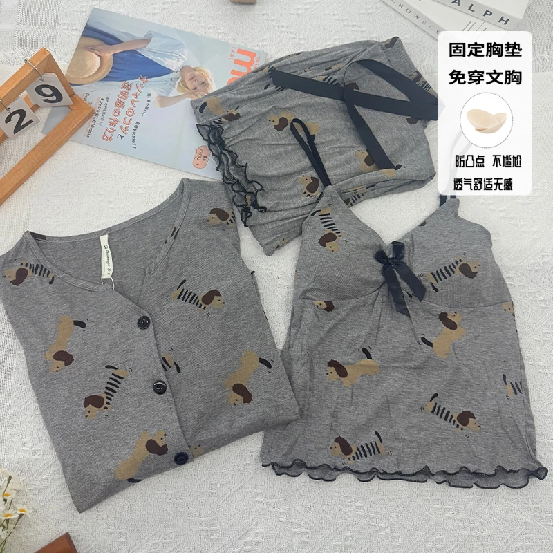 莫代尔带胸垫长袖长裤女款爆款2025新款纯欲风家居服三件套可外穿