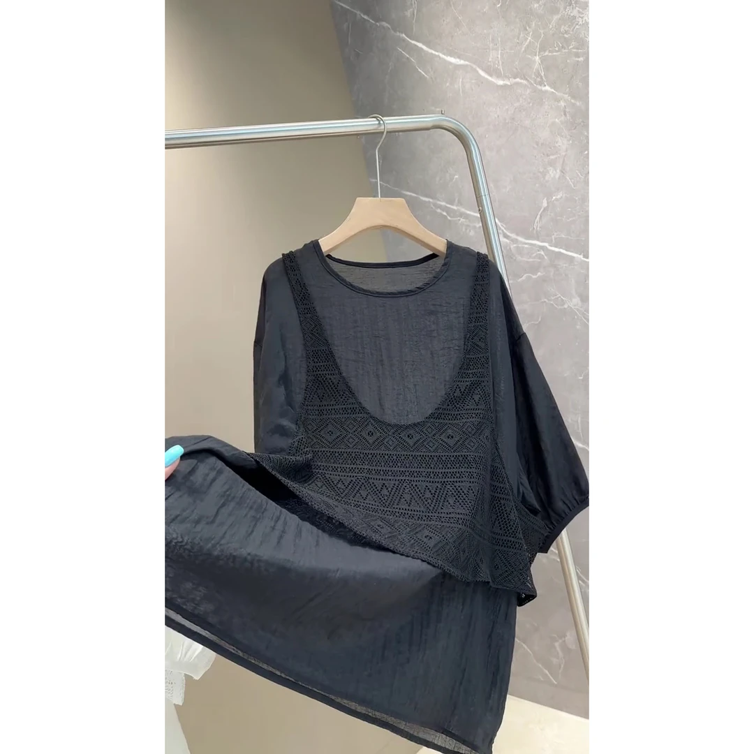 碎花纹镂空蕾丝马甲+微透宽松套头衬衫真两件套