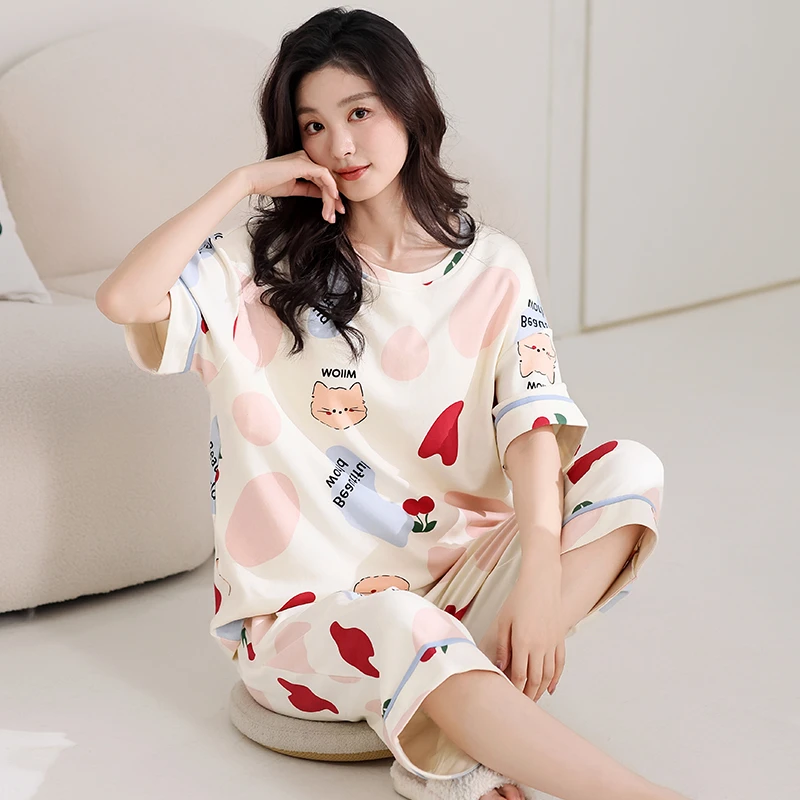 9206夏季带胸垫女士纯棉全棉睡衣短袖七分裤套装睡衣女套装家居服