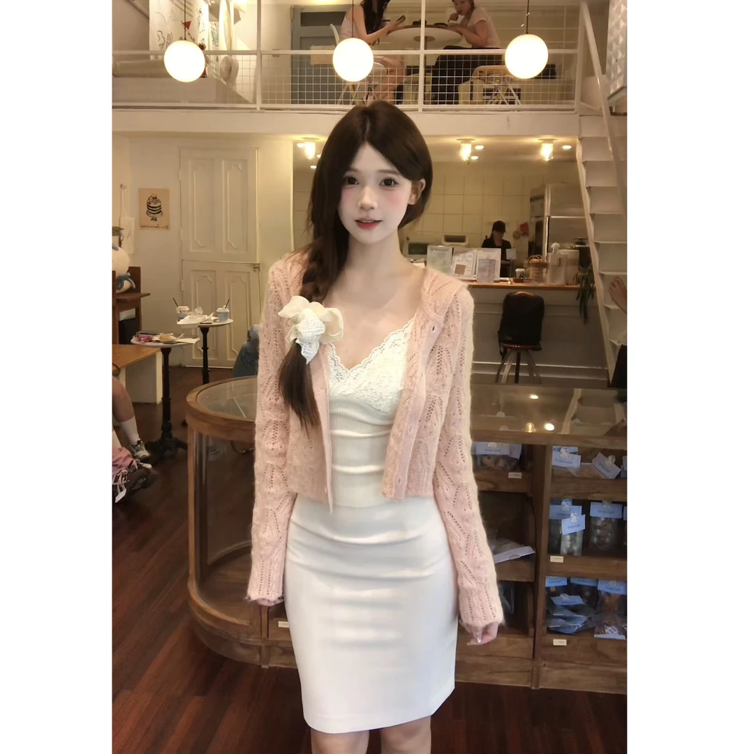 【中古可露丽】秋日针织开衫女蕾丝吊带上衣包臀半身裙套装X11214