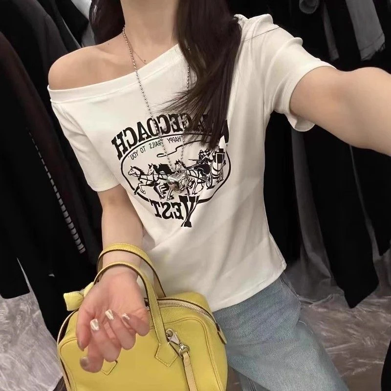 2025夏季新款斜肩短袖修身T恤女装显瘦打底衫短款百搭ins短袖上衣