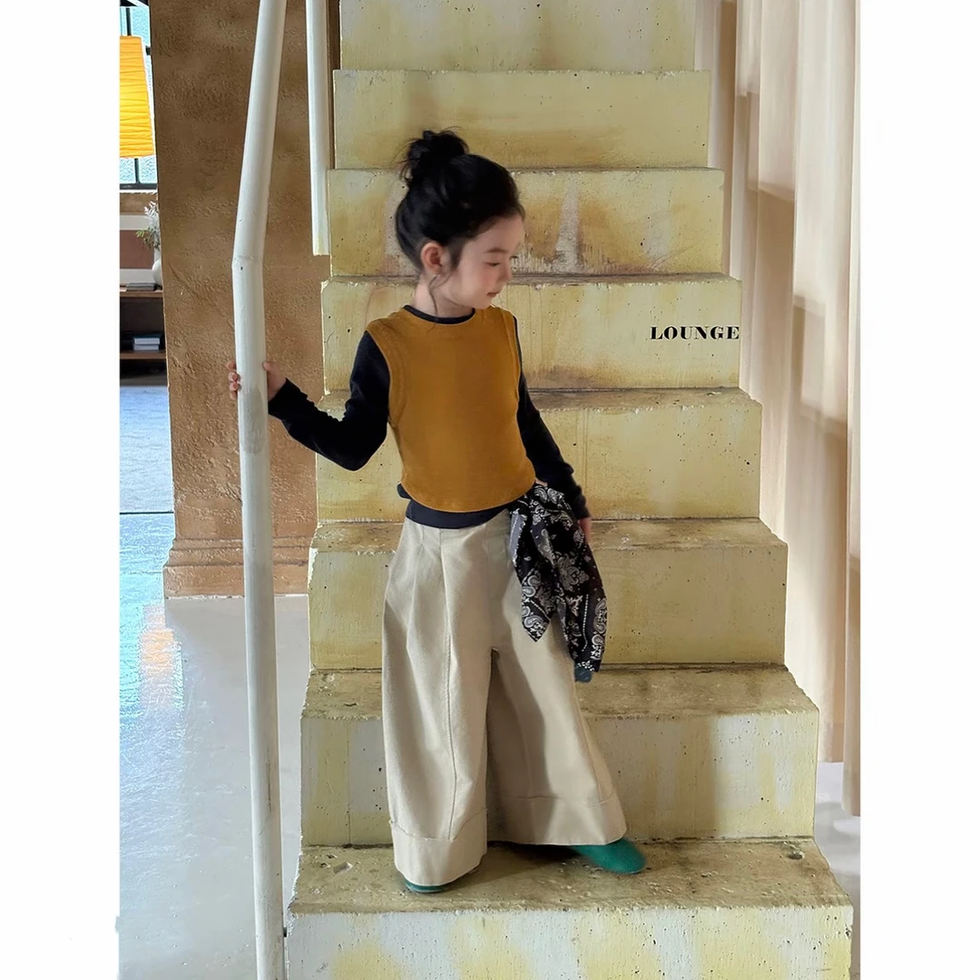 女童套装2025新款秋季儿童百搭背心长袖上衣高级女孩休闲阔腿裤