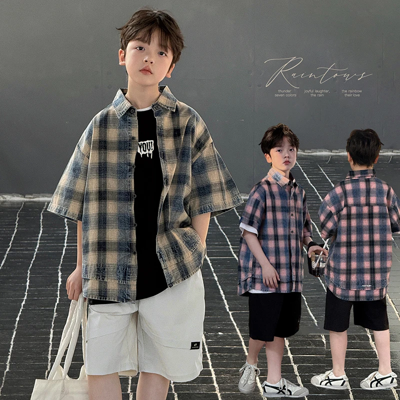 在仓【少年感】源源家童装2025儿童格子衬衫男童短袖衬衣上衣夏2