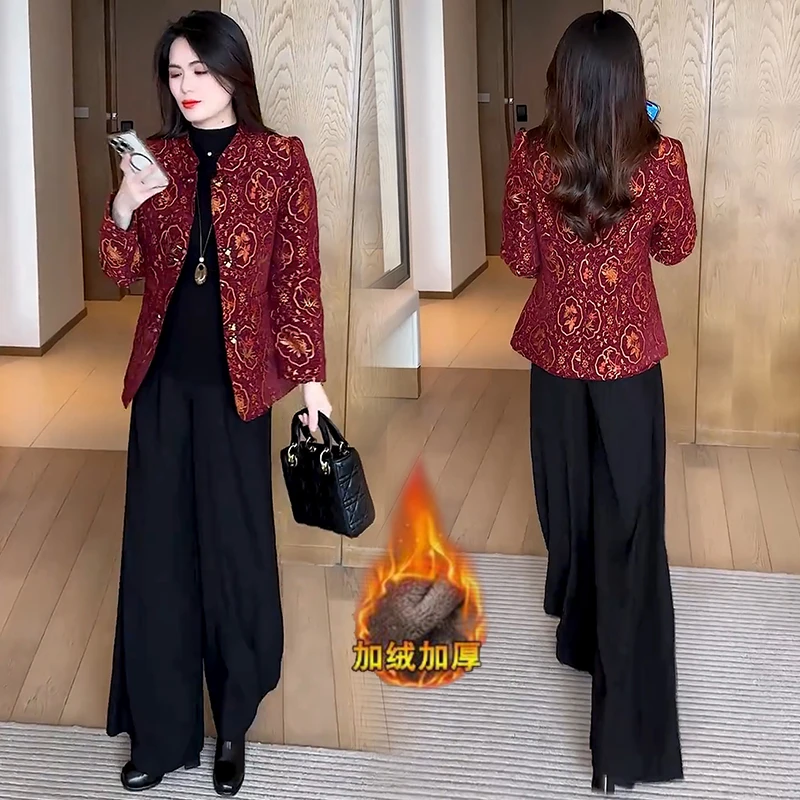 加绒加厚新中式国风短外套女2025秋冬新款时髦洋气提花气质上衣