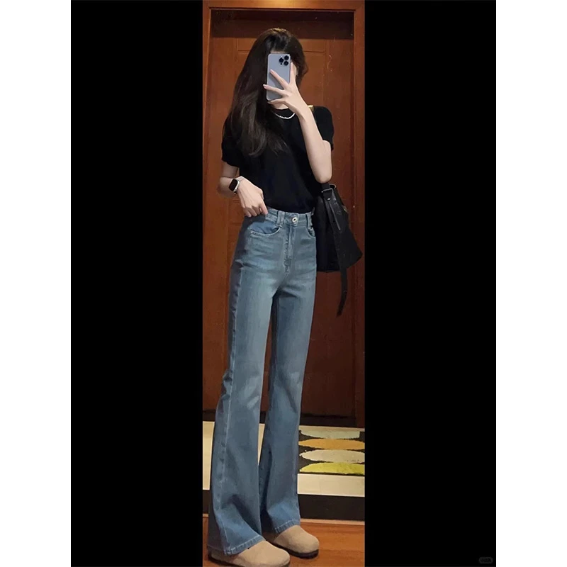美式复古蓝高腰修身显瘦微喇牛仔裤女休闲新款百搭爆款拖地长裤子