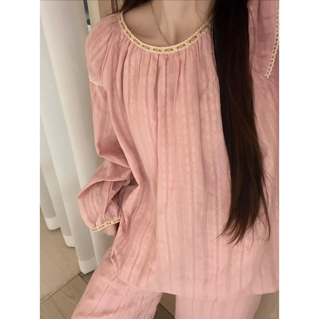 【粉色棉纱】甜美蕾丝棉纱睡衣女春秋大码长袖套装舒适休闲家居服