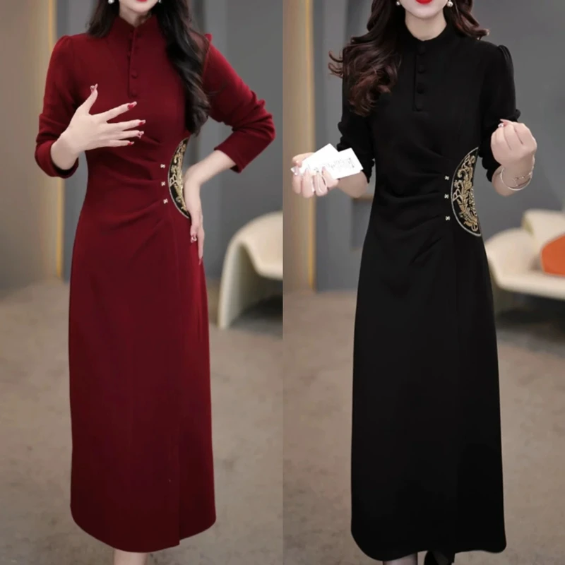 【衣雅严选】8068-1383重工钉珠刺绣气质新纳米软精纺开叉连衣裙