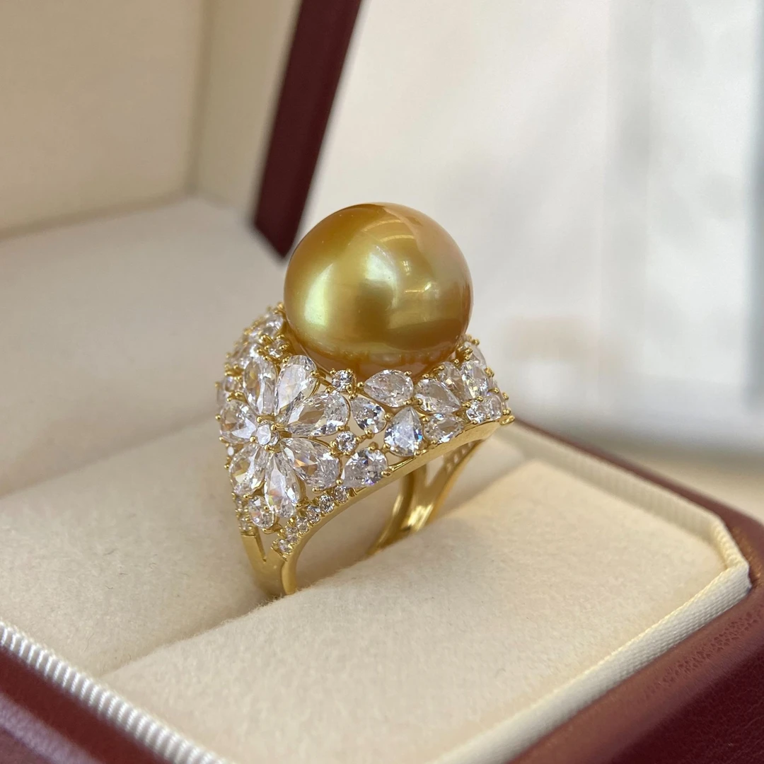 纯天然100%海水珍珠南洋金珠戒指18k金镶浓金炫彩正圆无暇高品质