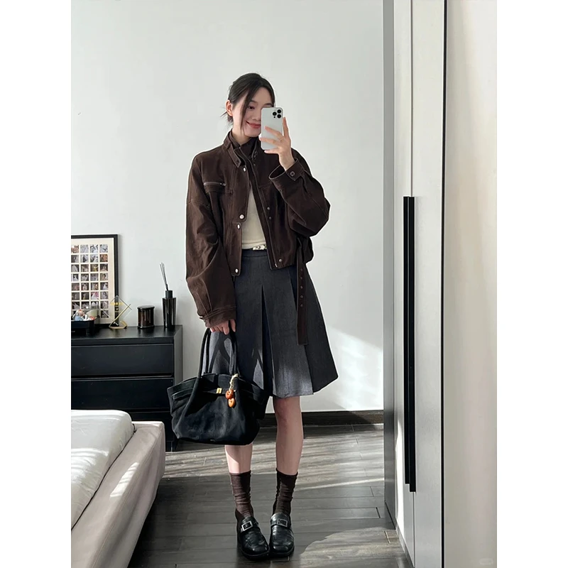 2025秋季美式特调 复古工装风小立领短款机车百搭夹克外套女新款