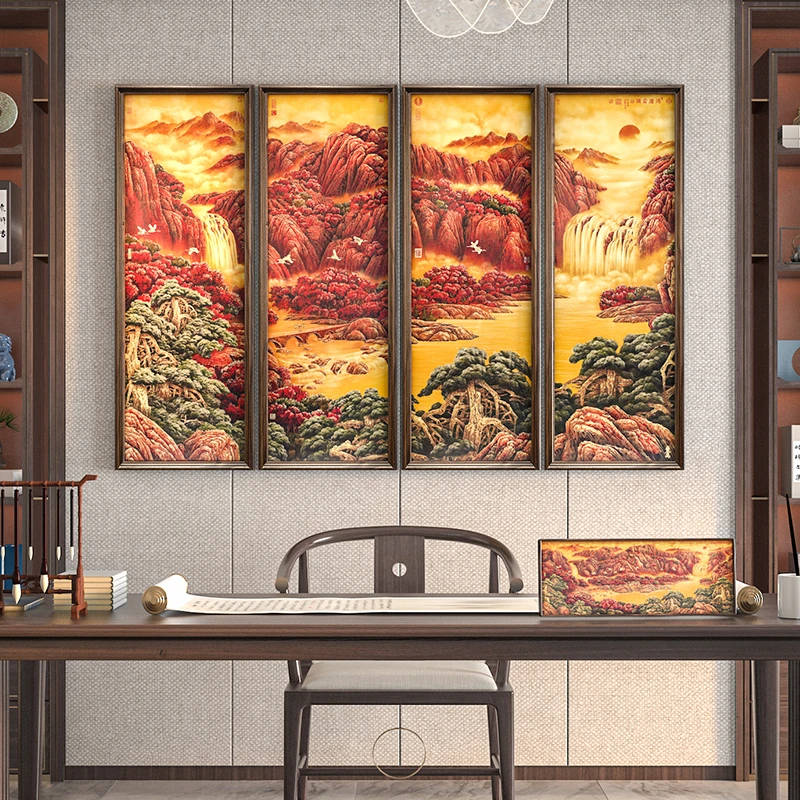 黄铜《新鸿运当头》新中式中堂四联屏办公室聚宝盆山水沙发装饰画