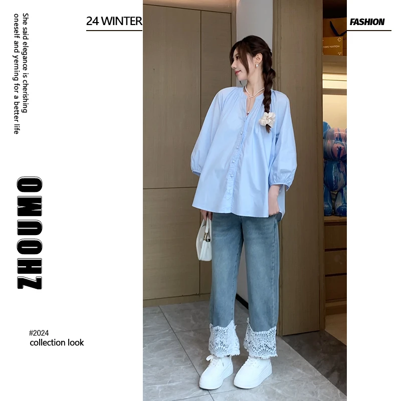 【茉莉清晨】ZM穿搭&自制孕妇气质V领衬衫搭孕期托腹直筒牛仔裤套装