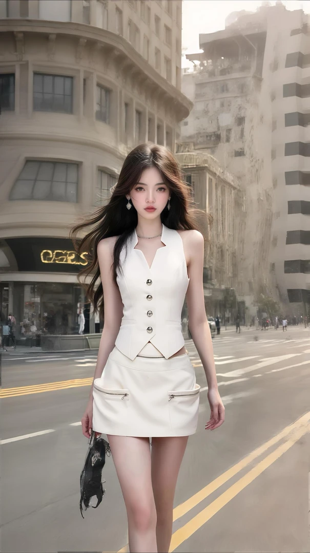 新款时尚气质辣妹风白色V领无袖上衣马甲+百搭显瘦半身裙女两件套
