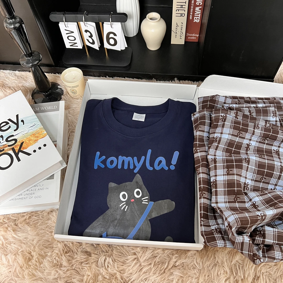 【KOMI蓝猫】印花棉质短袖睡衣女夏季新款家居服休闲长裤可外穿