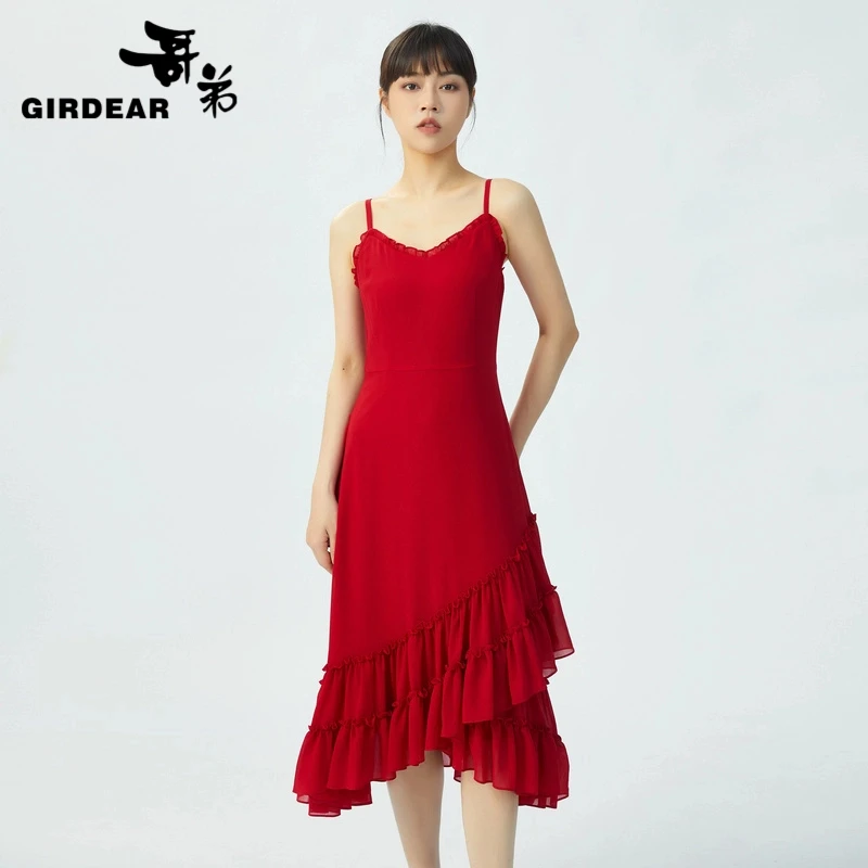 夏季新款修身荷叶边酒红色吊带连衣裙后妈裙1500311