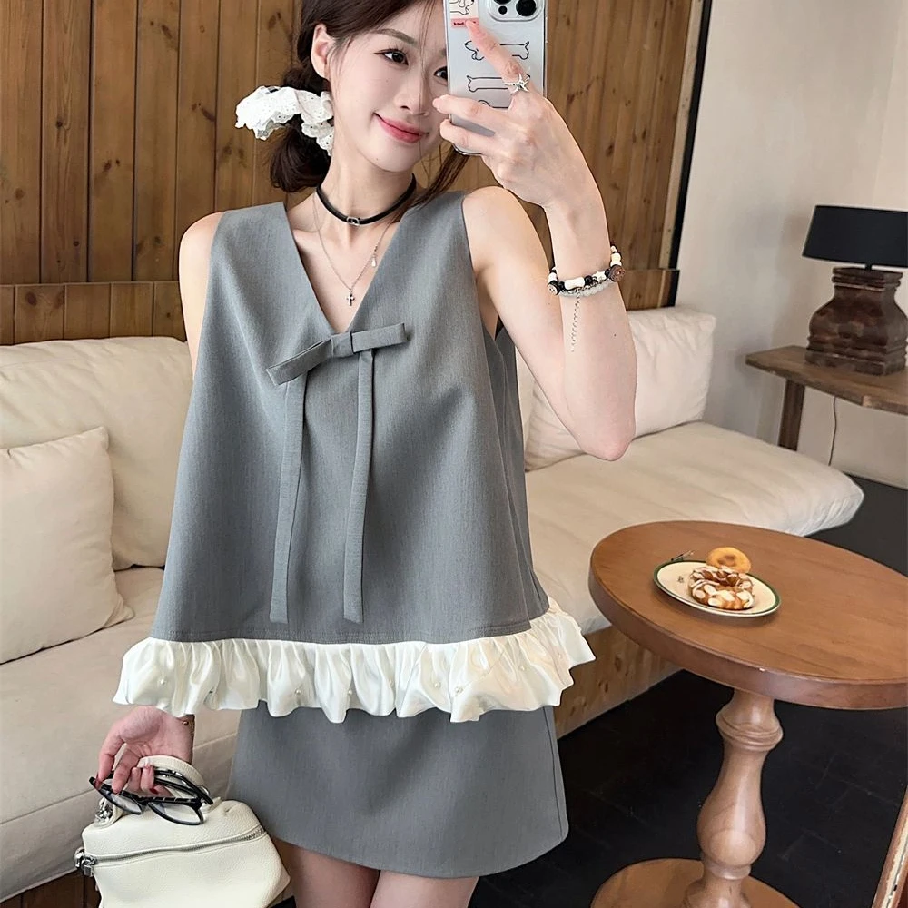 2025法式蝴蝶结领撞色拼接背心西装半身裙女夏季新爆款名媛风套装