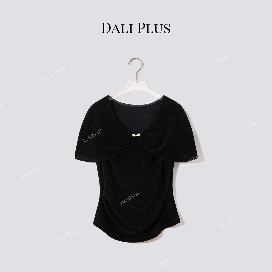 DALI PLUS“披肩珍珠仿寒醋酸T”高克重醋酸收腰T恤-D5CH4435