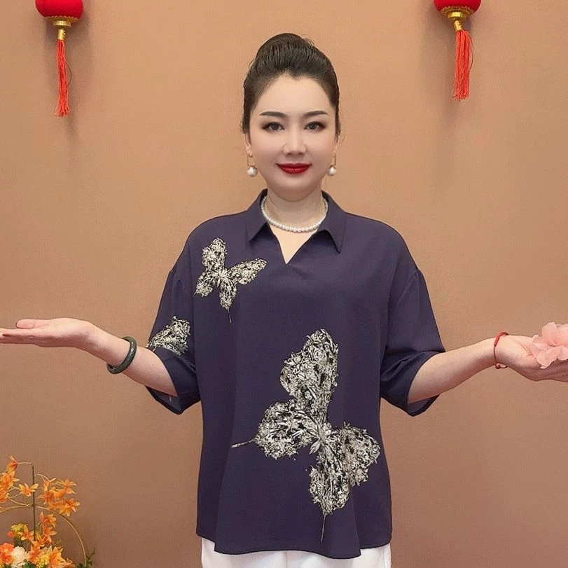 经典简约印花衬衣气质高级感夏季百搭款唐子女士味中年优选