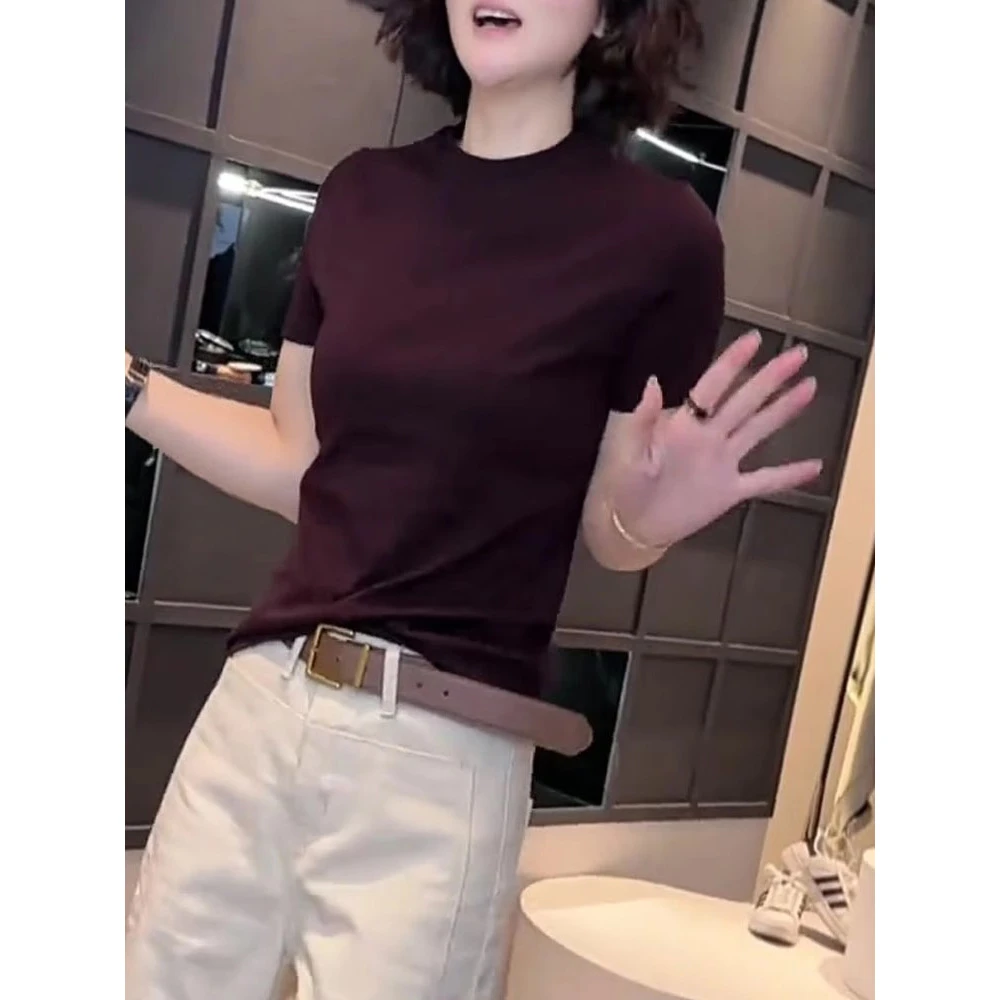 通勤风深紫色正肩短袖T恤女2025夏季新款高级感修身显瘦薄款上衣