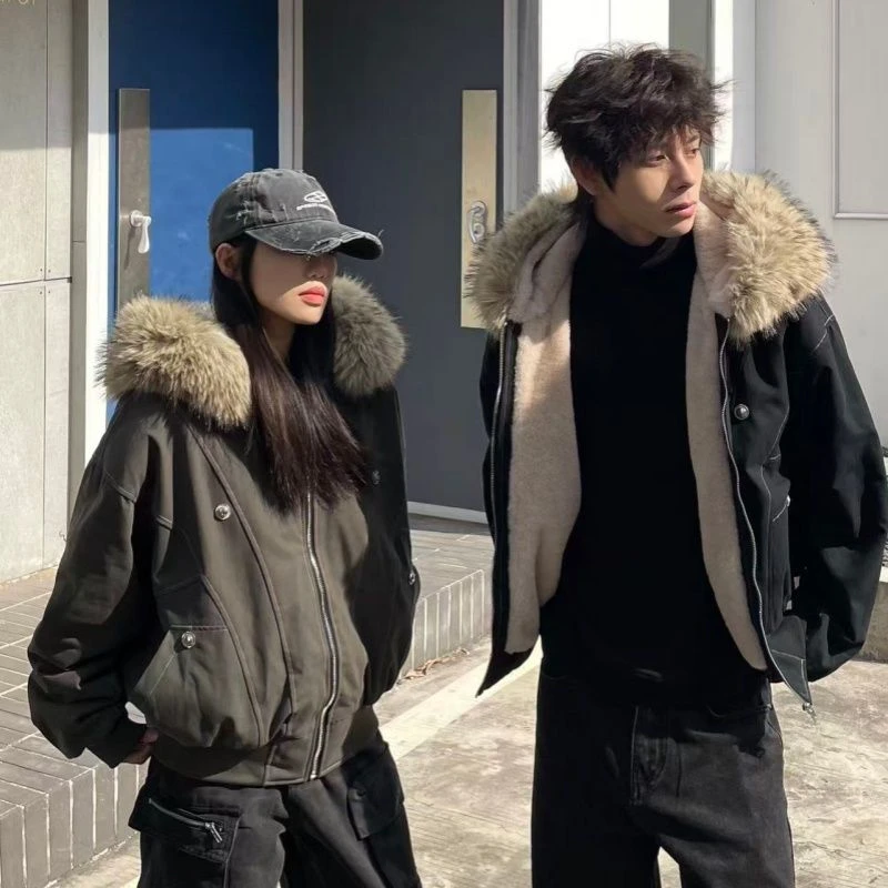 潮牌情侣派克服短款服仿兔毛大毛领连帽棉衣冬外套美式复古