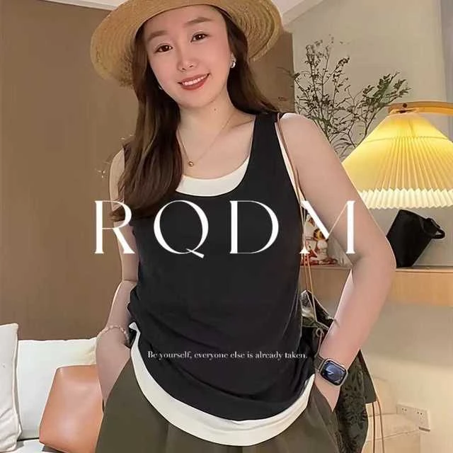 大码女装2025春夏新款胖MM假两件背心宽松显瘦百搭打底衫上衣外穿